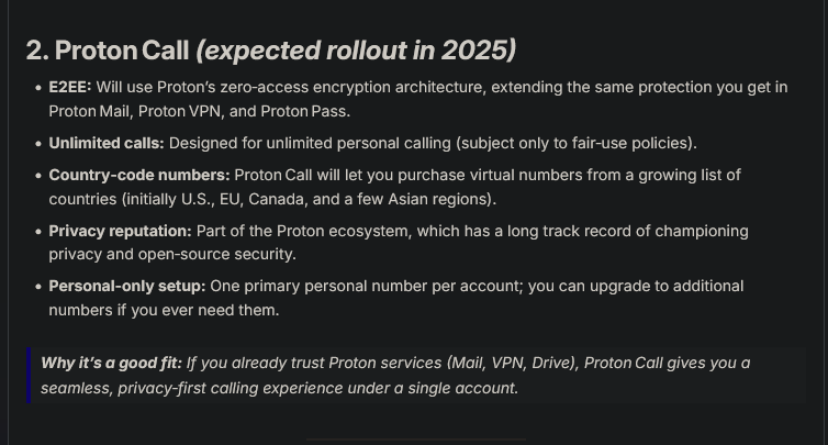 AI answer enlisting "Proton Call" as a future rollout